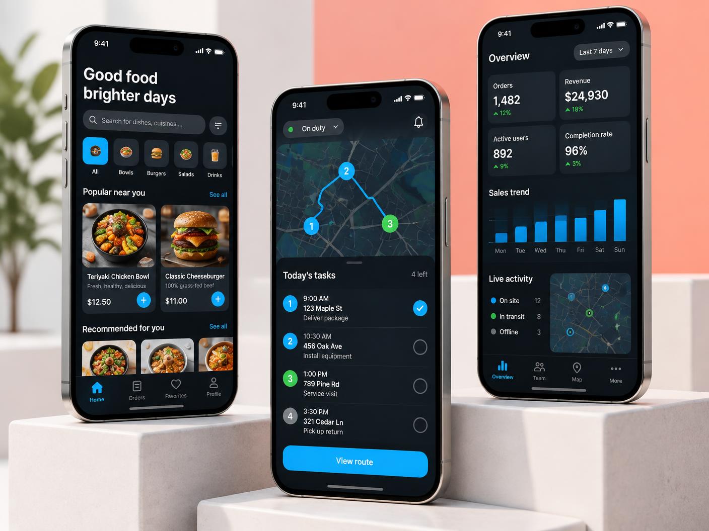 Three premium mobile applications for ordering, field work, and business analytics