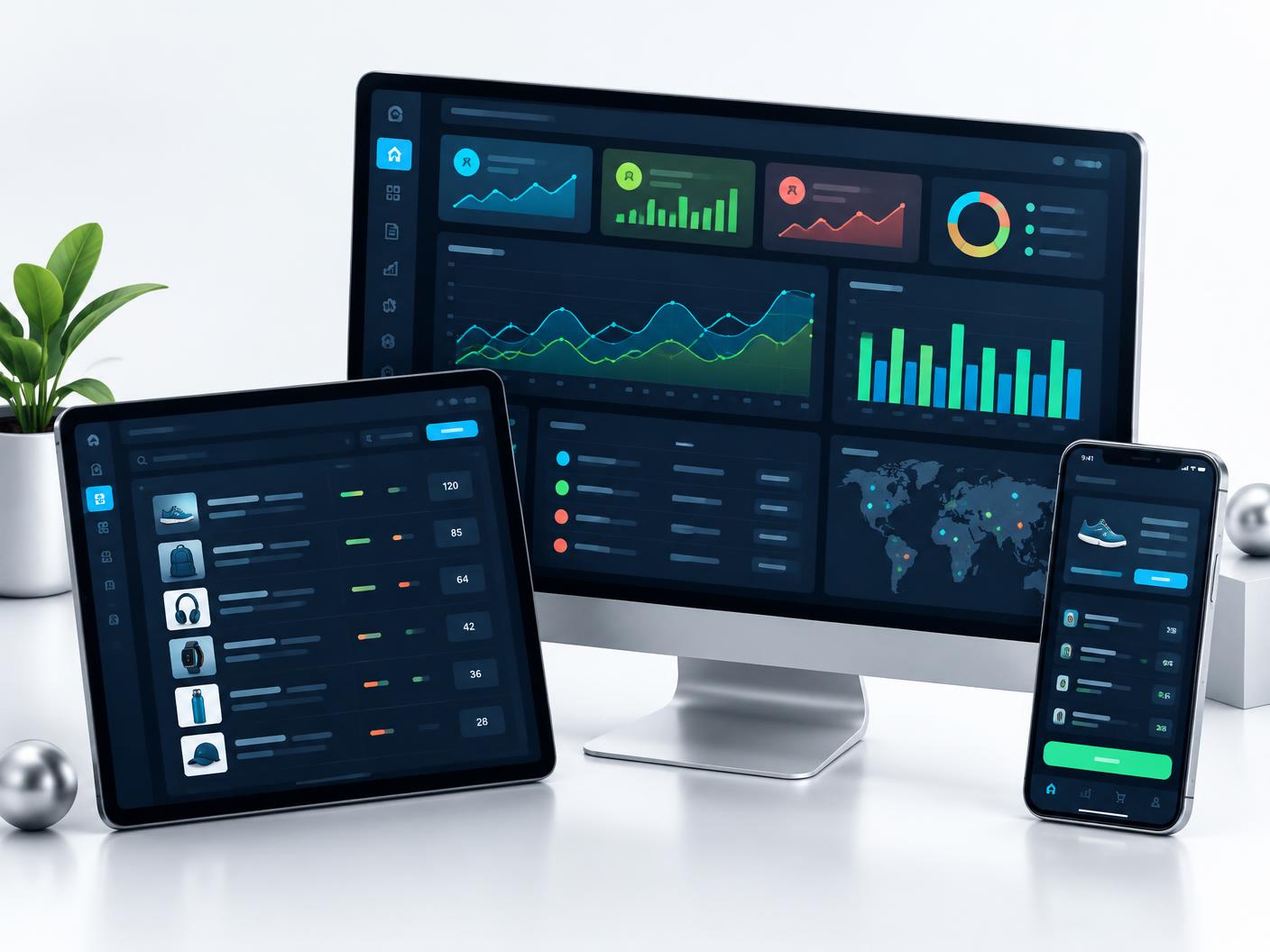 Business software dashboard across desktop, tablet and phone