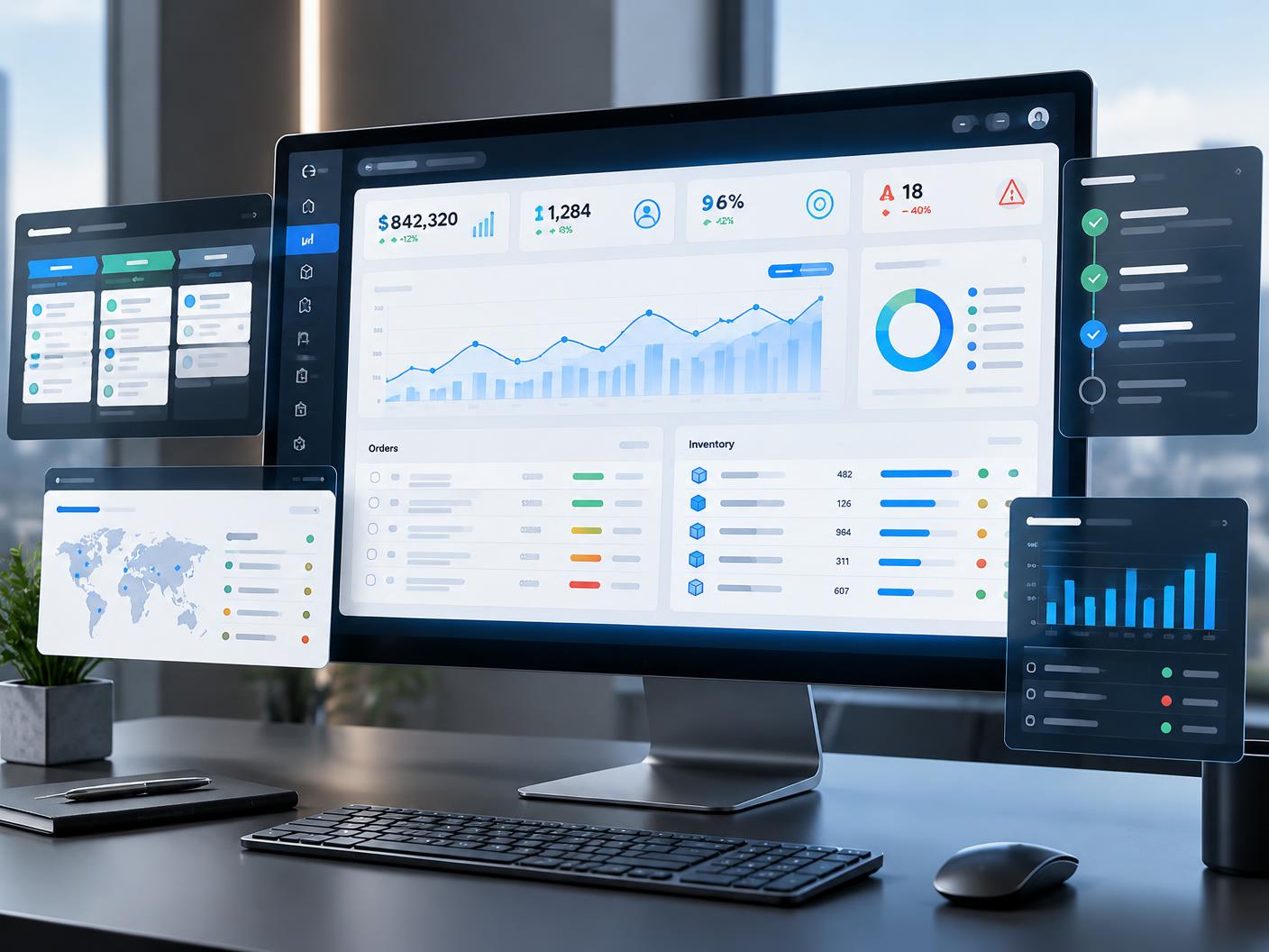 Premium business operations dashboard with sales, inventory, and workflow views